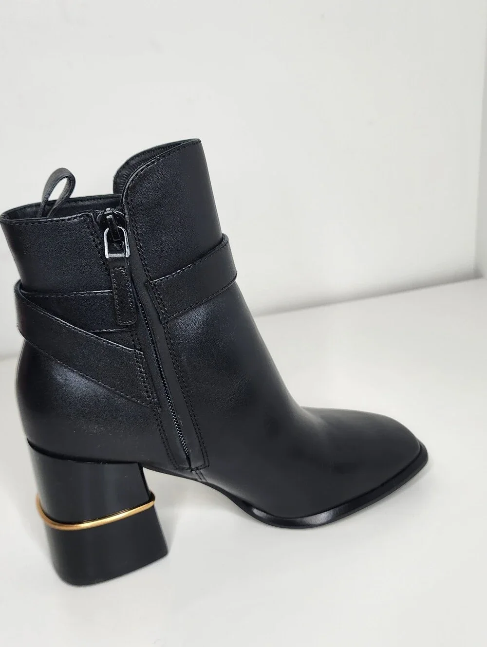 Tory Burch Multi Logo Buckle Black Leather Womens Ankle Boots with Gold Accent